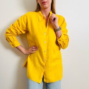 Chico's Bright Yellow 100% Linen Button Down Long Sleeve Shirt 1